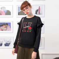 日韩时尚落肩拼波浪边字母印花配玫瑰花章仔设计卫衣