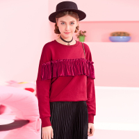 日韩时尚胸前拼丝绒波浪落肩套头卫衣