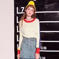 日韩时尚简约醒目彩色罗纹拼接设计毛衣