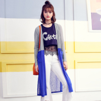 日韩时尚上下撞色精致袖子织带长款开襟长袖外套