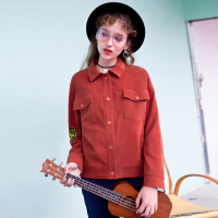 日韩时尚潮流灯芯绒面料精致花朵绣花宽松外套