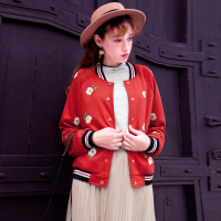 日韩时尚撞色条子罗纹不规则花朵印花棒球服式外套