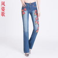 风姿歌 2018夏季弹力修身显瘦刺绣花牛仔裤民族风大码女长裤3257