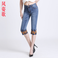 风姿歌 2018夏季弹力收腹显瘦提臀刺绣花七分牛仔裤女装白领中裤
