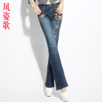 风姿歌 2018夏季民族风刺绣花长裤弹力显瘦微喇叭牛仔裤女装876