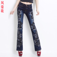 风姿歌 2018夏季民族风钉珠刺绣花牛仔裤女 微喇裤长裤子韩版3122