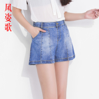 风姿歌 2018夏季高腰A字型宽松阔腿牛仔裤女短裤拼接百搭显瘦631