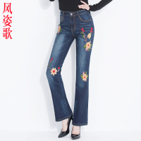 风姿歌 立体刺绣花微喇牛仔裤民族风弹力大码女装长裤显瘦3266