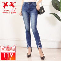 2018秋冬孔雀花边牛仔裤女装直筒高腰收腹显瘦长裤子