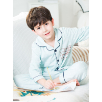 红豆居家儿童家居服套装纯棉男童中大童蓝格印花长袖睡衣套装