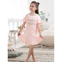 红豆居家女童连衣裙纯棉针织清新短袖裙睡裙宝蓝虾色