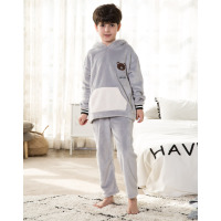 红豆居家(Hodohome)中大童家居服套装2018年秋季男童女童法兰绒连帽睡衣儿童可爱萌系居家服套装