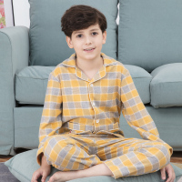红豆居家新款男童纯棉格纹长袖家居服套装春秋季中大童男孩学生磨毛睡衣套装