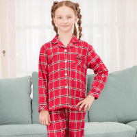 红豆居家新款女童纯棉格纹家居服套装中大童女孩全棉睡衣套装夏季格子空调服