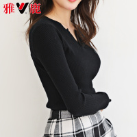 yaloo/雅鹿春装2019款女长袖打底衫V领针织衫慵懒修身套头毛衣女