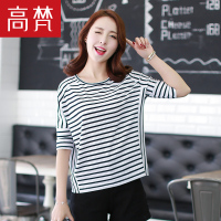 高梵中袖圆领条纹T恤女蝙蝠短袖宽松学生百搭遮肉条纹上衣女