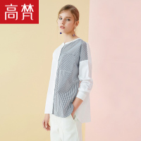高梵(GOLDFARM)春季原宿拼接条纹休闲OL纯棉长袖立领衬衫女打底上衣