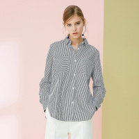 高梵(GOLDFARM)女上衣袖口花边翻领条纹青春活力长袖衬衫