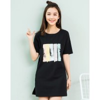 高梵撞色印花短袖连衣裙