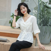 高梵(GOLDFARM)高梵2019春装新款女装韩版时尚修身收腰五分袖衬衫短袖纯色雪纺衫