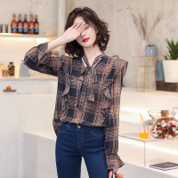 高梵(GOLDFARM)衬衫女2019春夏新款长袖荷叶边蝴蝶结设计感上衣气质格子衬衫