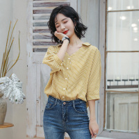 高梵(GOLDFARM)条纹衬衫女2019春夏新款韩版宽松百搭v领衬衣设计感小众上衣