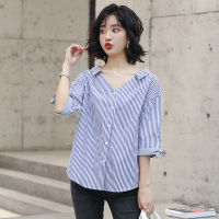 高梵(GOLDFARM)女装2019春夏新款韩版宽松V领条纹拼接衬衫女五分袖休闲上衣