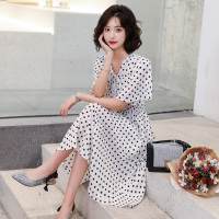 高梵(GOLDFARM)2019夏季新款法国小众雪纺V领黑白波点裙中长款连衣裙女