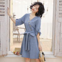 高梵(GOLDFARM)2019女装夏装新款韩版修身气质流行V领连衣裙女收腰显瘦裙子