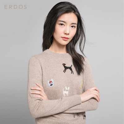 ERDOS 秋冬旺星物语圆领小狗手绣女士羊绒衫 E276A0180