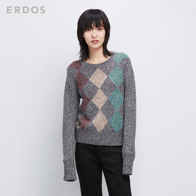 ERDOS 秋冬圆领撞色菱格提花女羊绒衫 E276A0157