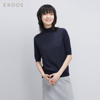 ERDOS 春夏纯色简约针梭拼接半高领真丝短袖女针织T恤 E276G0006