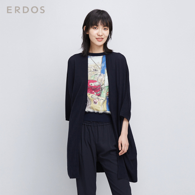 ERDOS 春夏简约纯色轻薄羊毛V领宽松长款针织女开衫 E276D1016