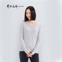 鄂尔多斯 早春纯色基础款V领眼开衩卷边羊绒女针织衫