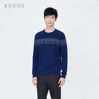 鄂尔多斯ERDOS 秋冬新品圆领翻花男套衫羊绒衫E166A0219