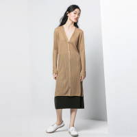 鄂尔多斯ERDOS 春夏轻薄开衩V领开衫百搭纯色中长款女士针织衫/毛衣