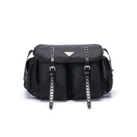PRADA/普拉达 Black Nylon 饰铆钉包盖式尼龙织物单肩包 软1BD119