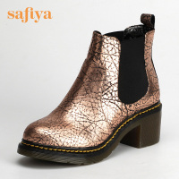 索菲娅Safiya冬季牛皮革圆头高跟休闲褶皱松紧带短靴女SF54117015
