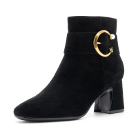 St&Sat/星期六新款优雅金属装饰圆头粗跟短靴SS84116692