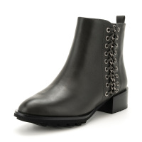 星期六(ST&SAT)旗下冬款牛皮圆头侧拉链粗跟绒里短靴DF74118021