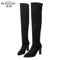新款2018冬季弹力布简约休闲高跟女靴超长靴过膝女