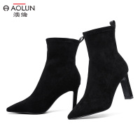 2018秋冬季新款ins马丁靴女短筒靴子尖头粗跟短靴网红瘦瘦靴袜子靴