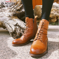 2018秋冬新款粗跟系带短靴时尚真皮平底复古马丁靴子