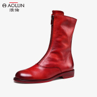 秋冬季新款粗跟中筒靴女真皮低跟马丁靴前拉链女英伦风长筒靴子