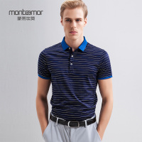 Monteamor/蒙蒂埃莫清爽舒适新颖细间条提花丝棉撞色翻领短袖T恤