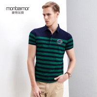 Monteamor/蒙蒂埃莫精致绣花章仔定位条纹海洋风短袖翻领男士T恤