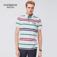 Monteamor/蒙蒂埃莫全棉休闲撞色宽条纹男士翻领短袖T恤