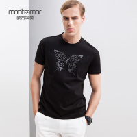 Monteamor/蒙蒂埃莫摩登蝴蝶图案印花舒适棉弹男士圆领短袖T恤