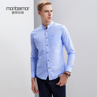蒙蒂埃莫休闲立领竖条纹全棉舒适男士修身版长袖休闲衬衣