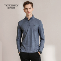 蒙蒂埃莫经典时尚纯棉芝麻点半开胸拉链立领针织男士长袖T恤